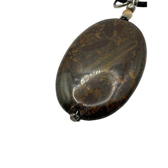 Brown Polished Oval Stone Pendant Necklace on Black Cord 16 inch - Picture 3 of 4